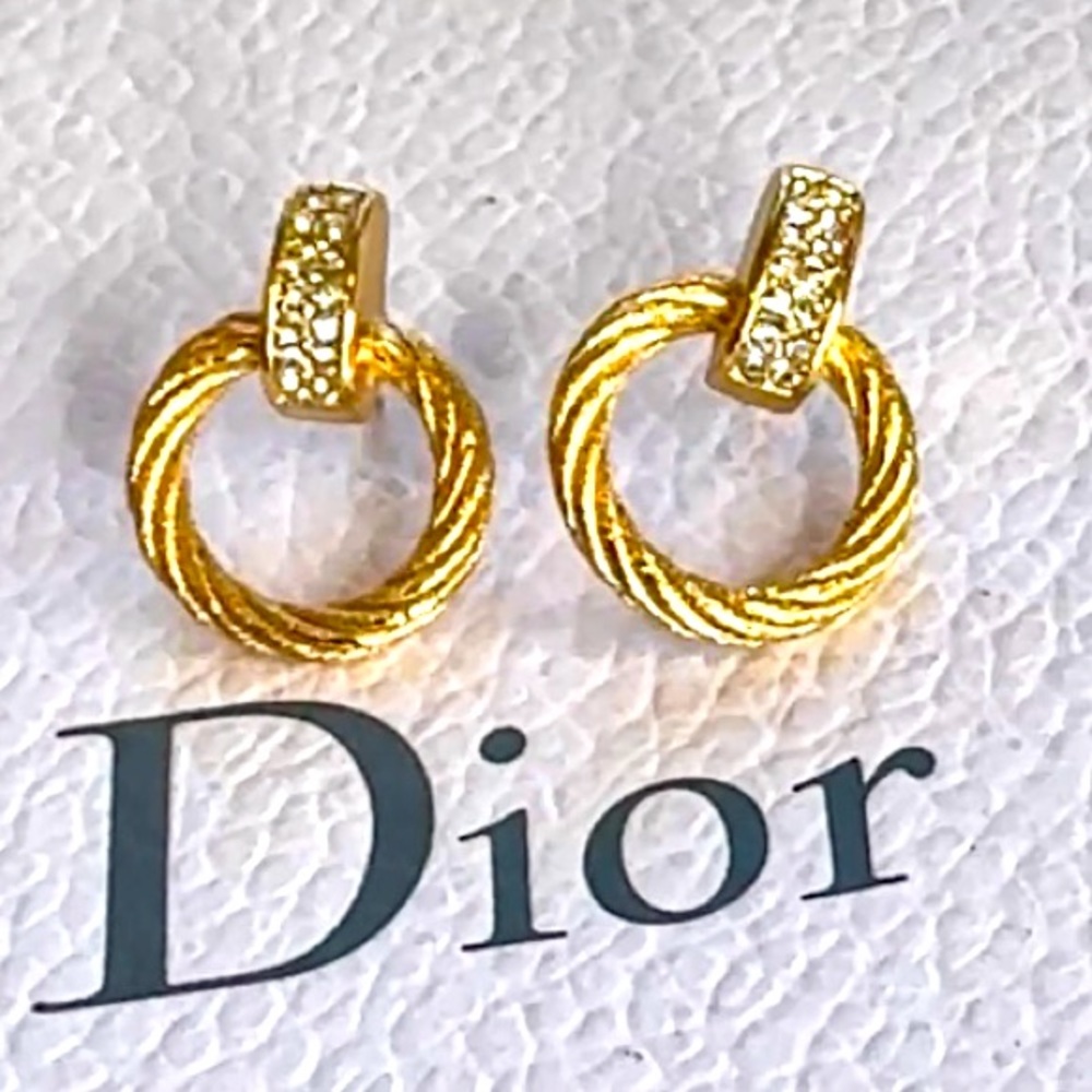 Christian Dior 1980s vintage gold rhinestone twisted-hoop pierced earrings